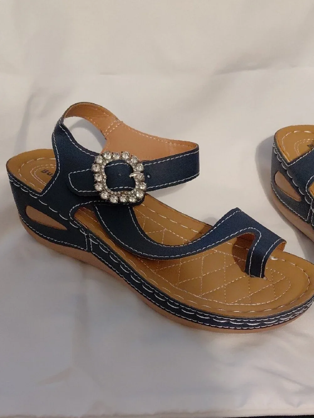 Women's Navy Wedge Sandals with Rhinestone Buckle